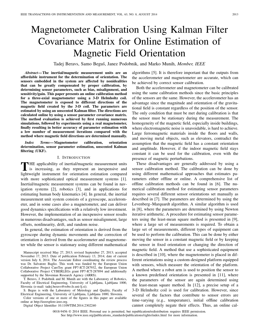 Pdf Magnetometer Calibration Using Kalman Filter Covariance Matrix For Online Estimation Of Magnetic Field Orientation