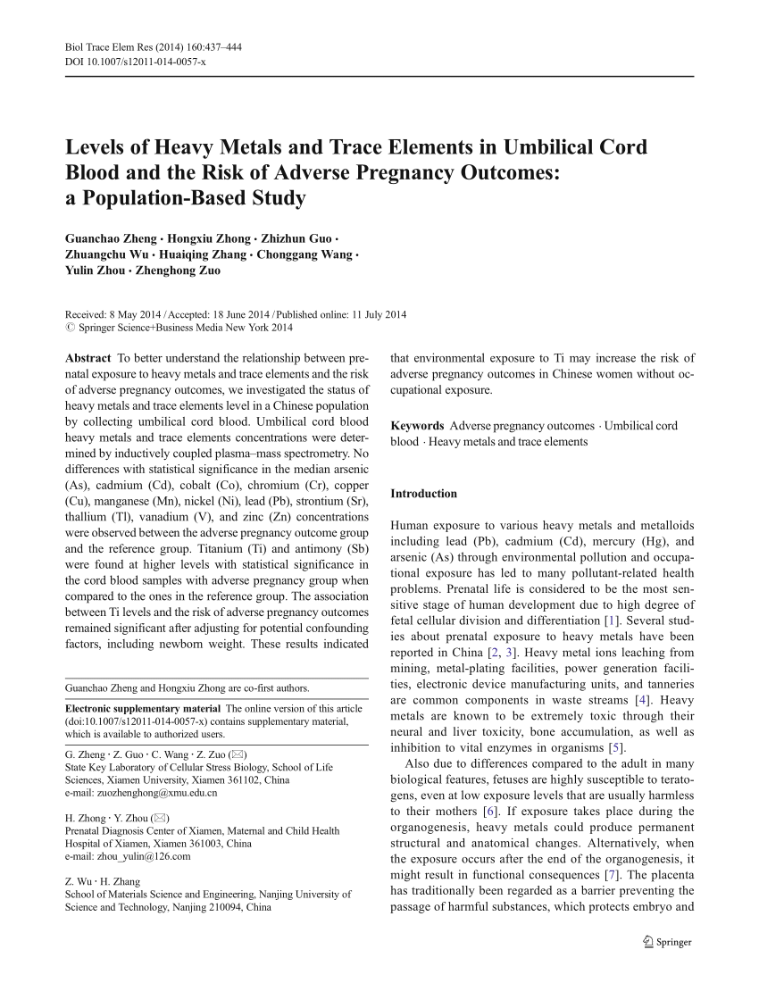 Pdf Levels Of Heavy Metals And Trace Elements In Umbilical Cord Blood And The Risk Of Adverse Pregnancy Outcomes A Population Based Study