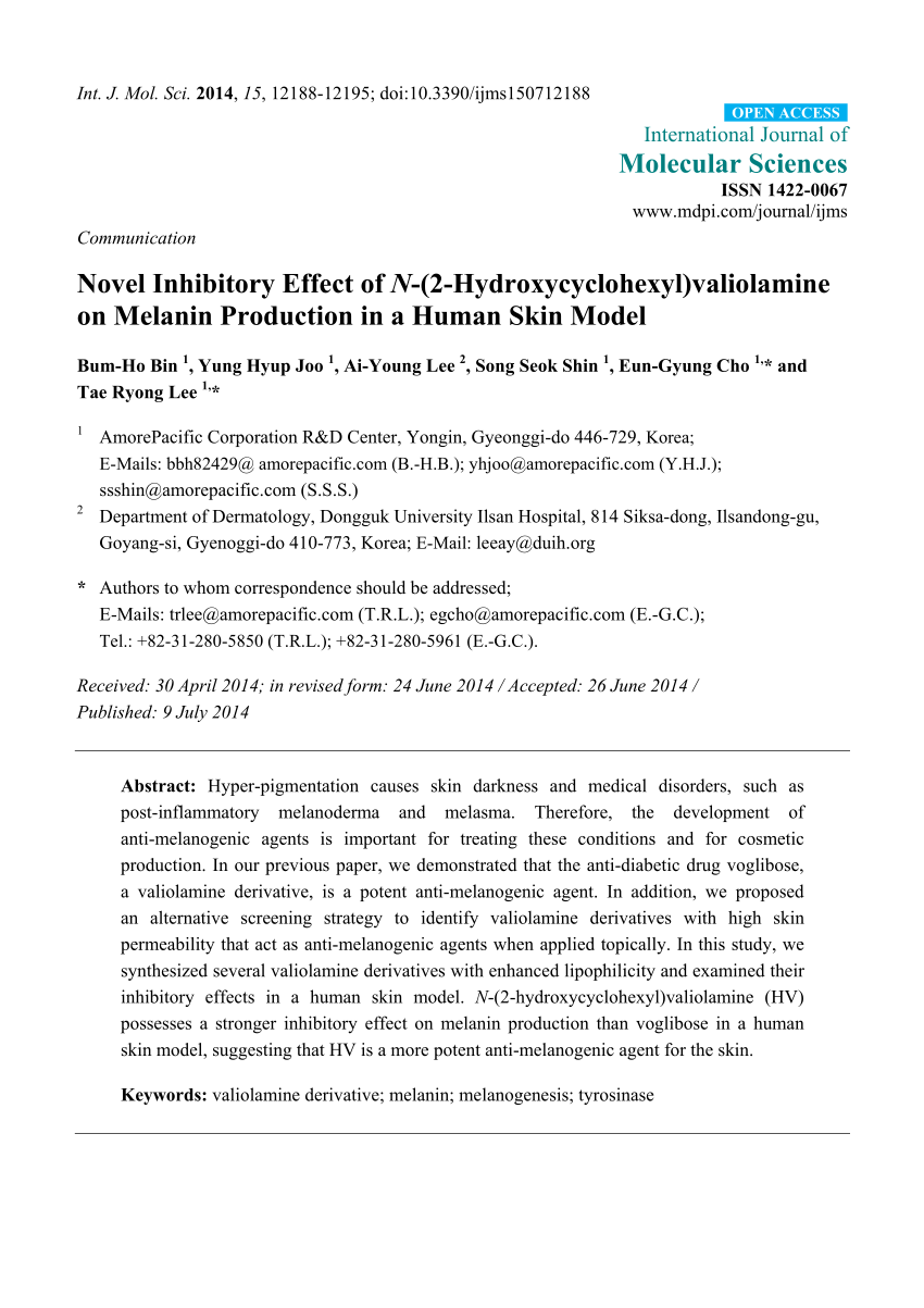 Pdf Novel Inhibitory Effect Of N 2 Hydroxycyclohexyl Valiolamine On Melanin Production In A Human Skin Model