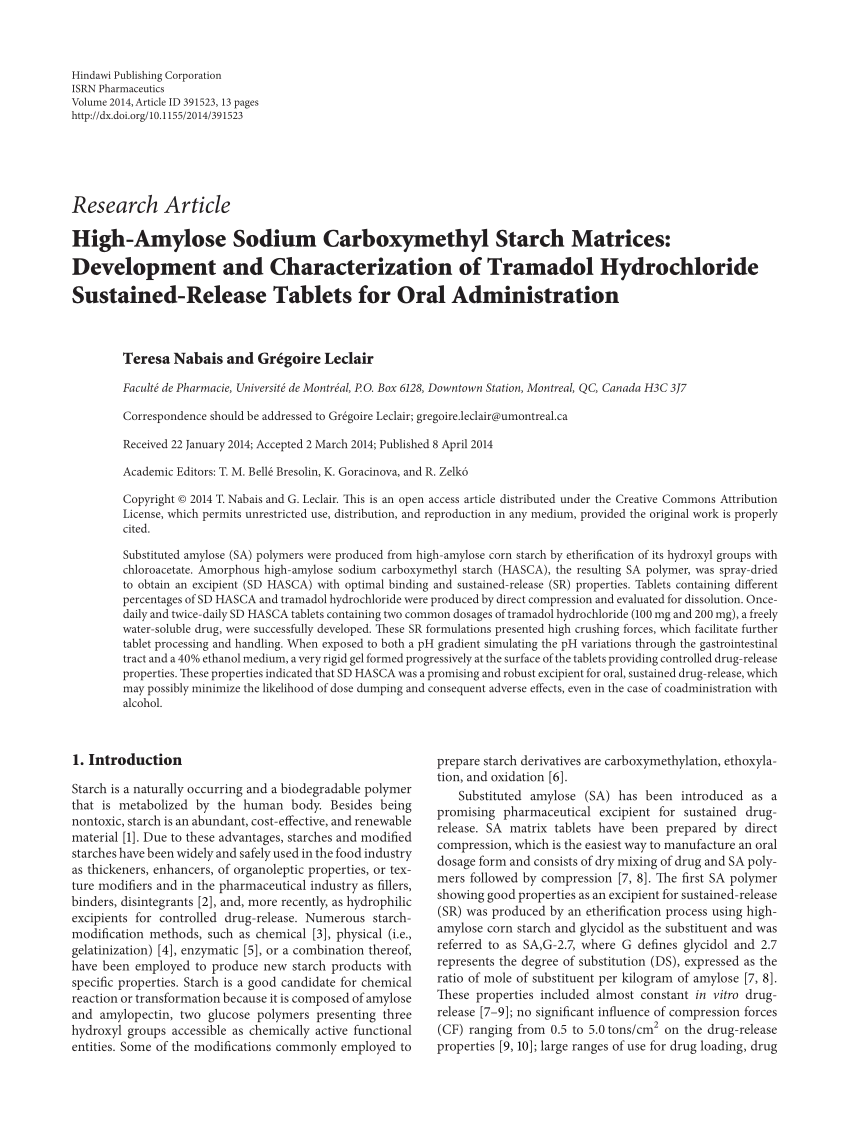 Pdf High Amylose Sodium Carboxymethyl Starch Matrices Development And Characterization Of Tramadol Hydrochloride Sustained Release Tablets For Oral Administration