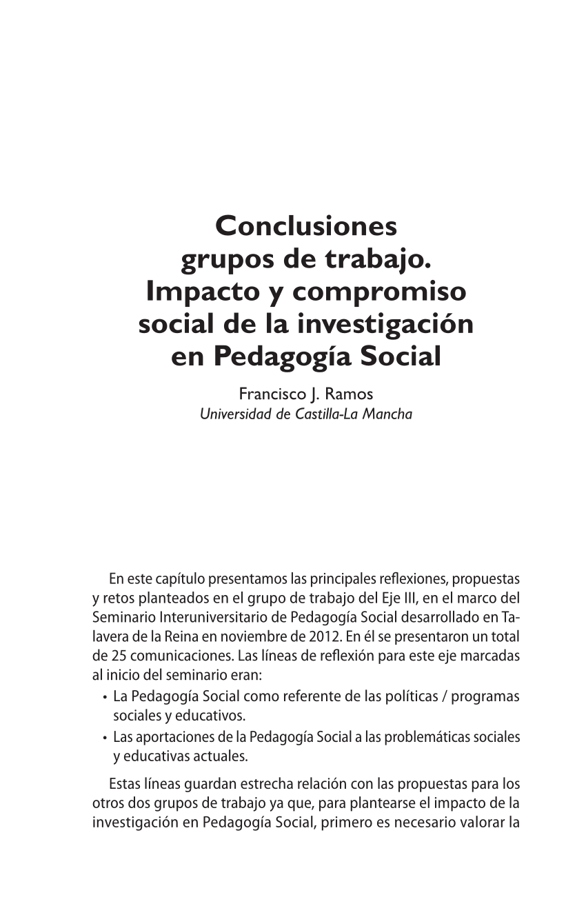 Pdf Conclusiones Grupos De Trabajo Impacto Y Compromiso Social De La Investigacion En Pedagogia Social
