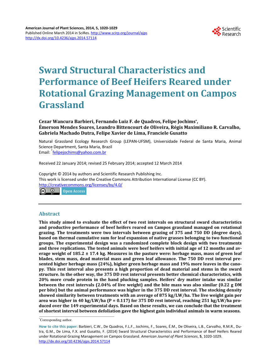 Pdf Sward Structural Characteristics And Performance Of Beef Heifers Reared Under Rotational Grazing Management On Campos Grassland