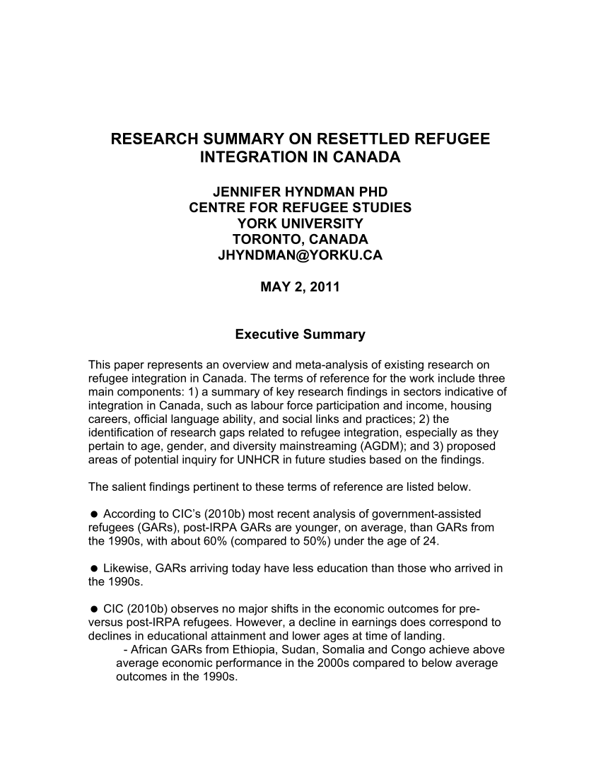 (PDF) RESEARCH SUMMARY ON RESETTLED REFUGEE INTEGRATION IN CANADA