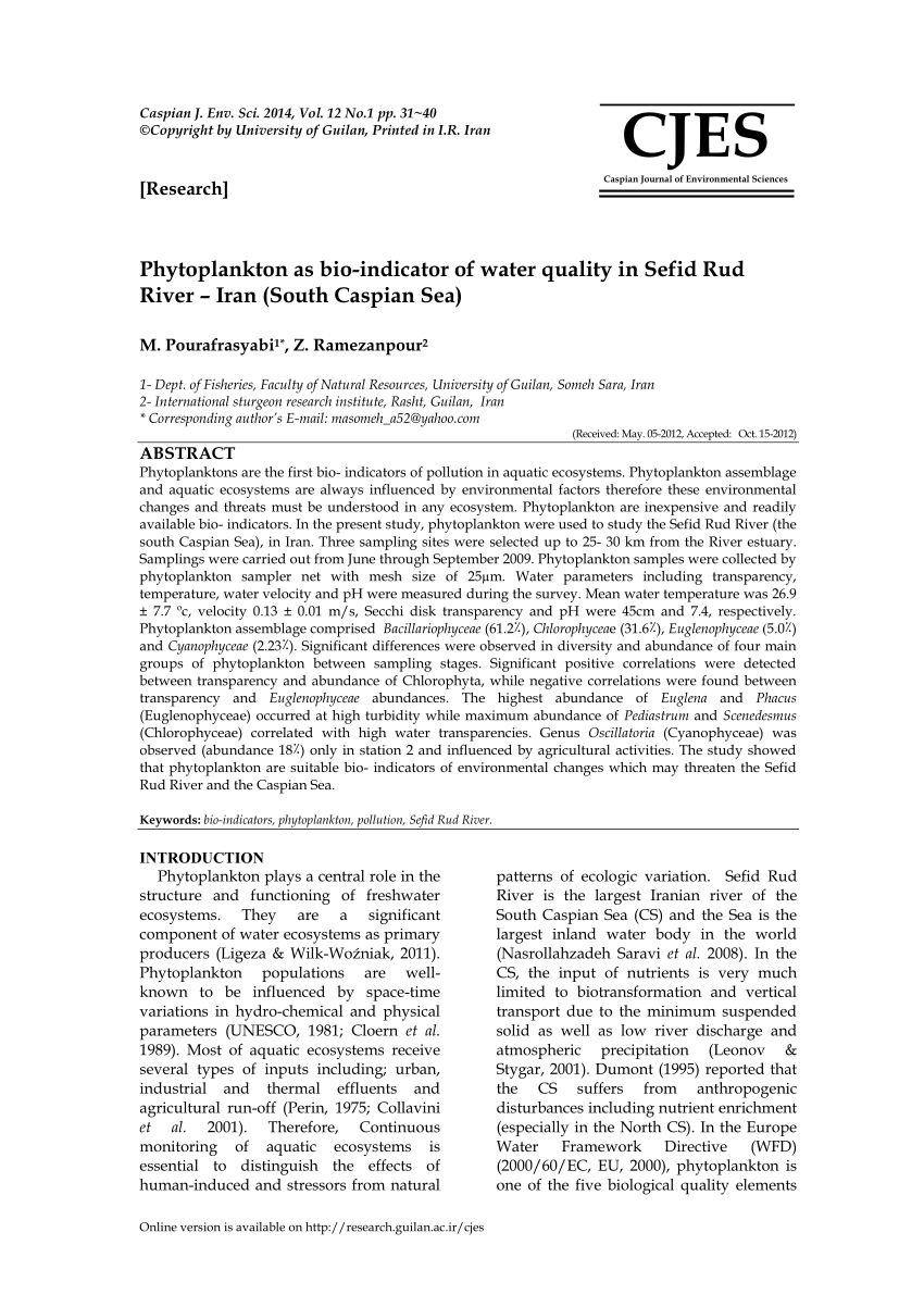 PDF) Phytoplankton as bio-indicator of water quality in Sefid Rud River –  Iran (South Caspian Sea)