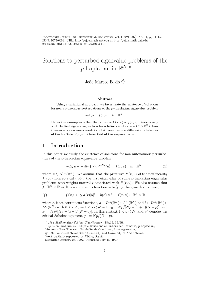 Pdf Solutions To Perturbed Eigenvalue Problems Of The P Laplacian In R Sup N Sup