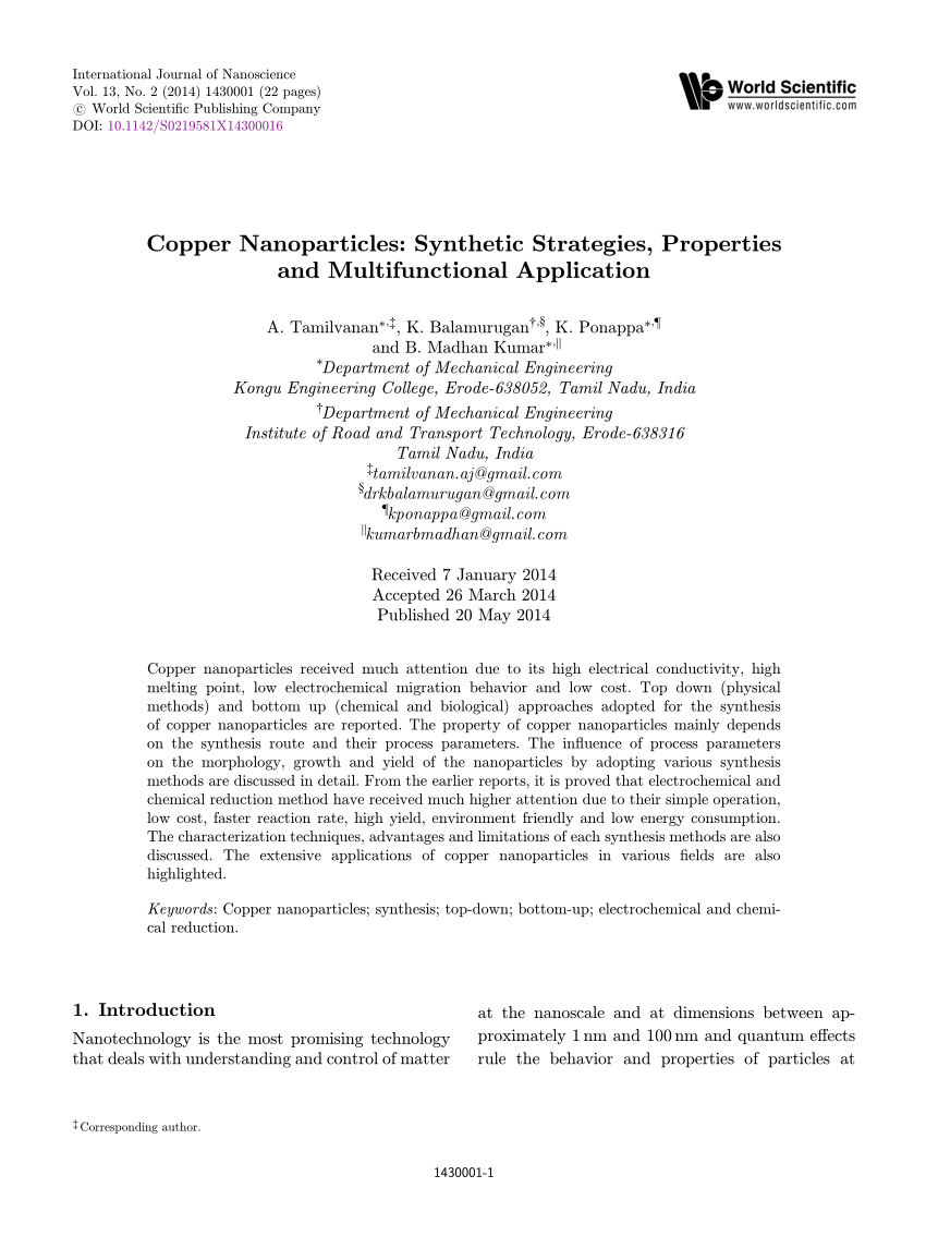 PDF) Copper Nanoparticles: Synthetic Strategies, Properties and