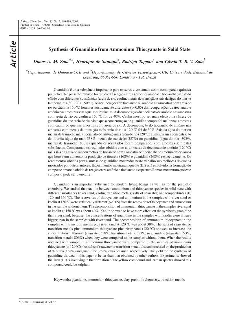 Pdf Synthesis Of Guanidine From Ammonium Thiocyanate In Solid State