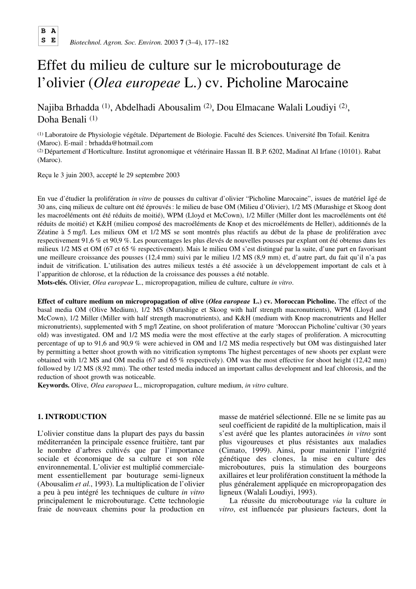 pdf  effet du milieu de culture sur le microbouturage de l u0026 39 olivier  olea europeae l   cv