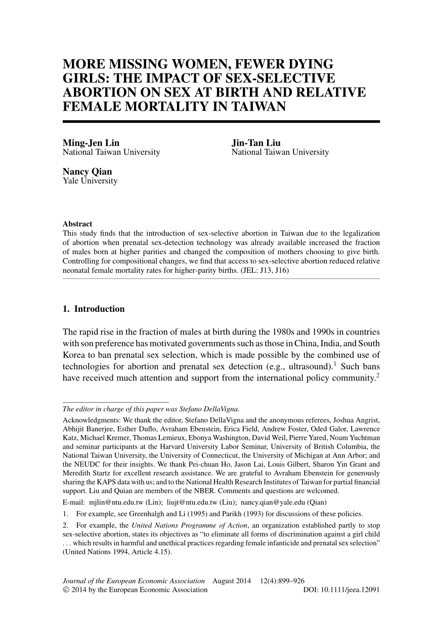 PDF) MORE MISSING WOMEN, FEWER DYING GIRLS: THE IMPACT OF SEX-SELECTIVE  ABORTION ON SEX AT BIRTH AND RELATIVE FEMALE MORTALITY IN TAIWAN