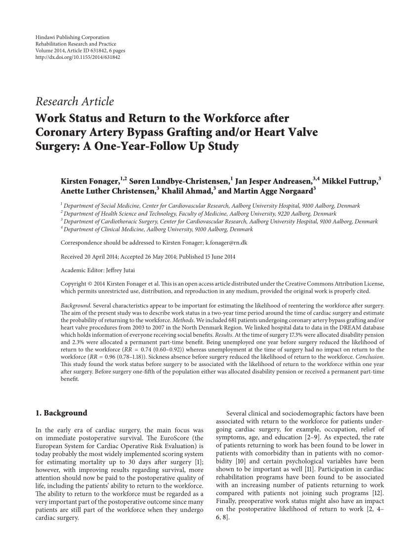 makker lammelse Skorpe PDF) Work Status and Return to the Workforce after Coronary Artery Bypass  Grafting and/or Heart Valve Surgery: A One-Year-Follow Up Study