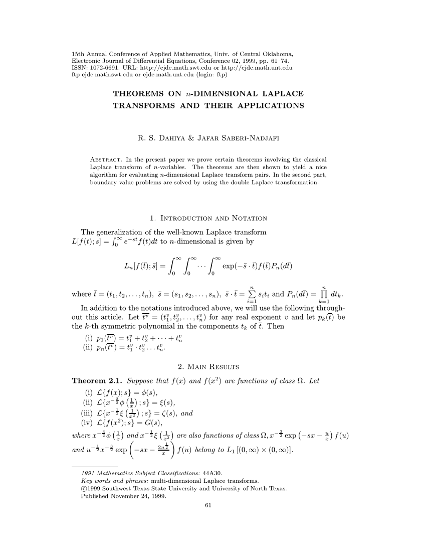 Pdf Theorems On N Dimensional Laplace Transforms And Their Applications