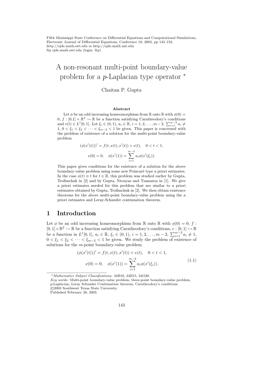 Pdf A Non Resonant Multi Point Boundary Value Problem For A P Laplacian Type Operator