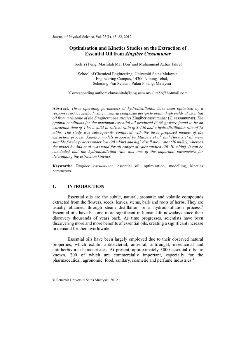 (PDF) Optimisation and Kinetics Studies on the Extraction of Essential ...