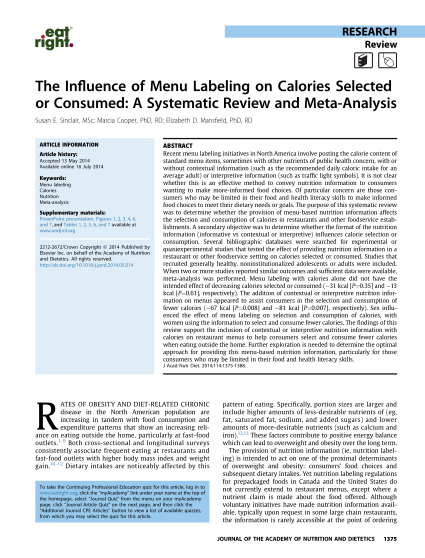 Pdf The Influence Of Menu Labeling On Calories Selected Or Consumed A Systematic Review And Meta Analysis
