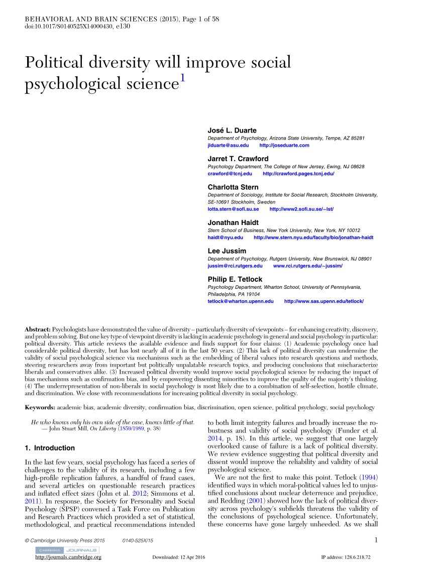 PDF) Political Diversity Will Improve Social Psychological Science