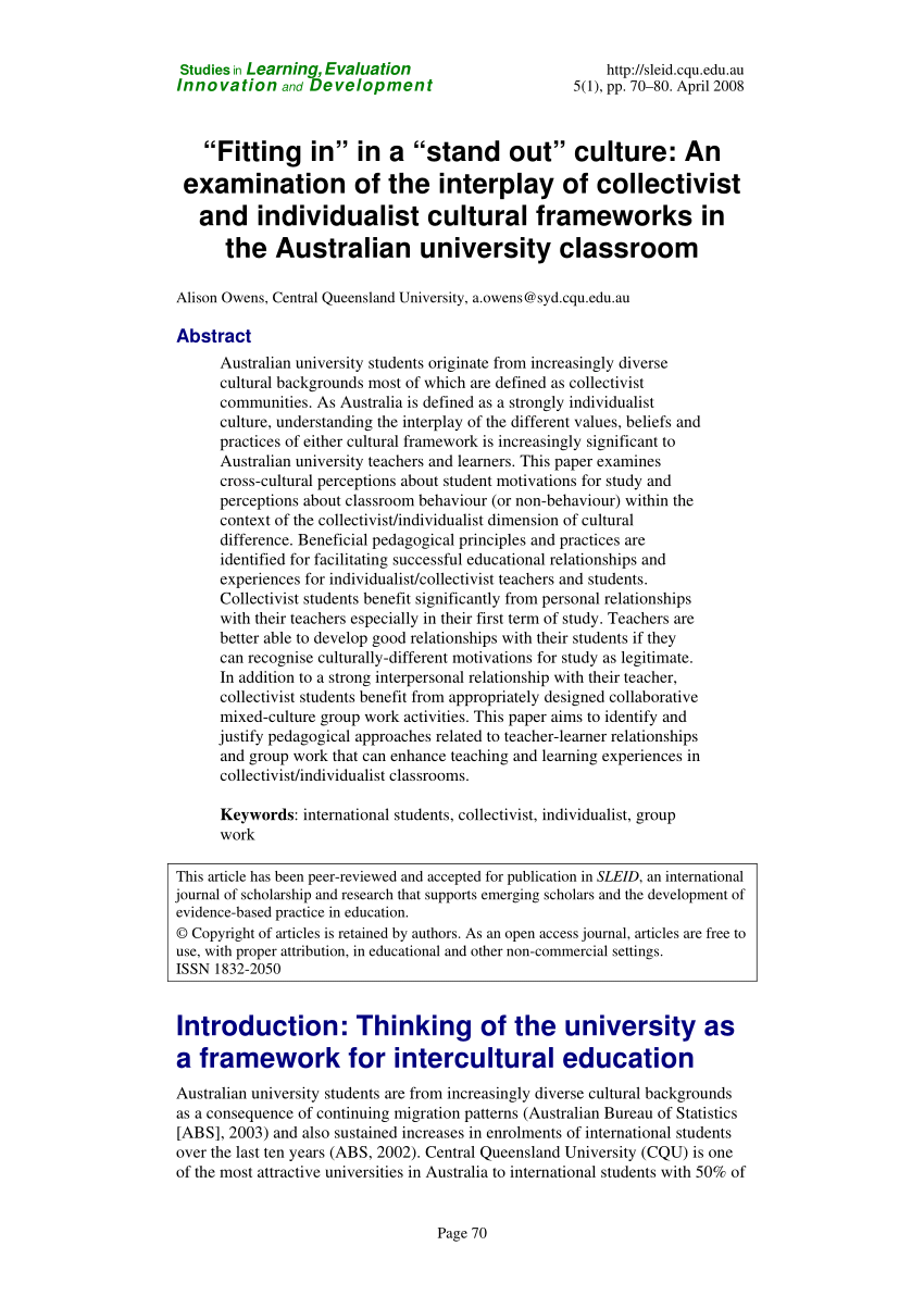 PDF) “Fitting in” in a “stand out” culture: An of the interplay of collectivist and individualist cultural frameworks in the Australian university classroom