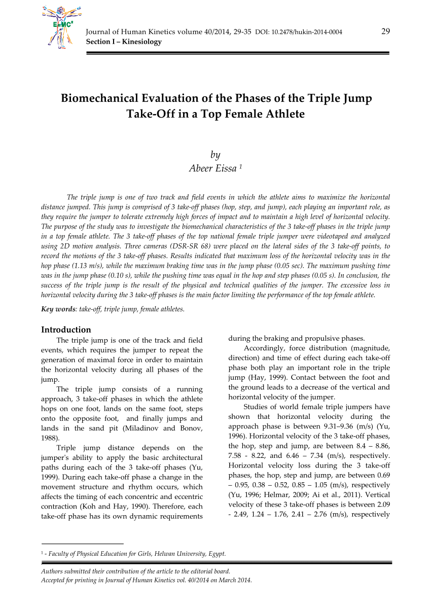 Pdf Biomechanical Evaluation Of The Phases Of The Triple Jump Take Off In A Top Female Athlete