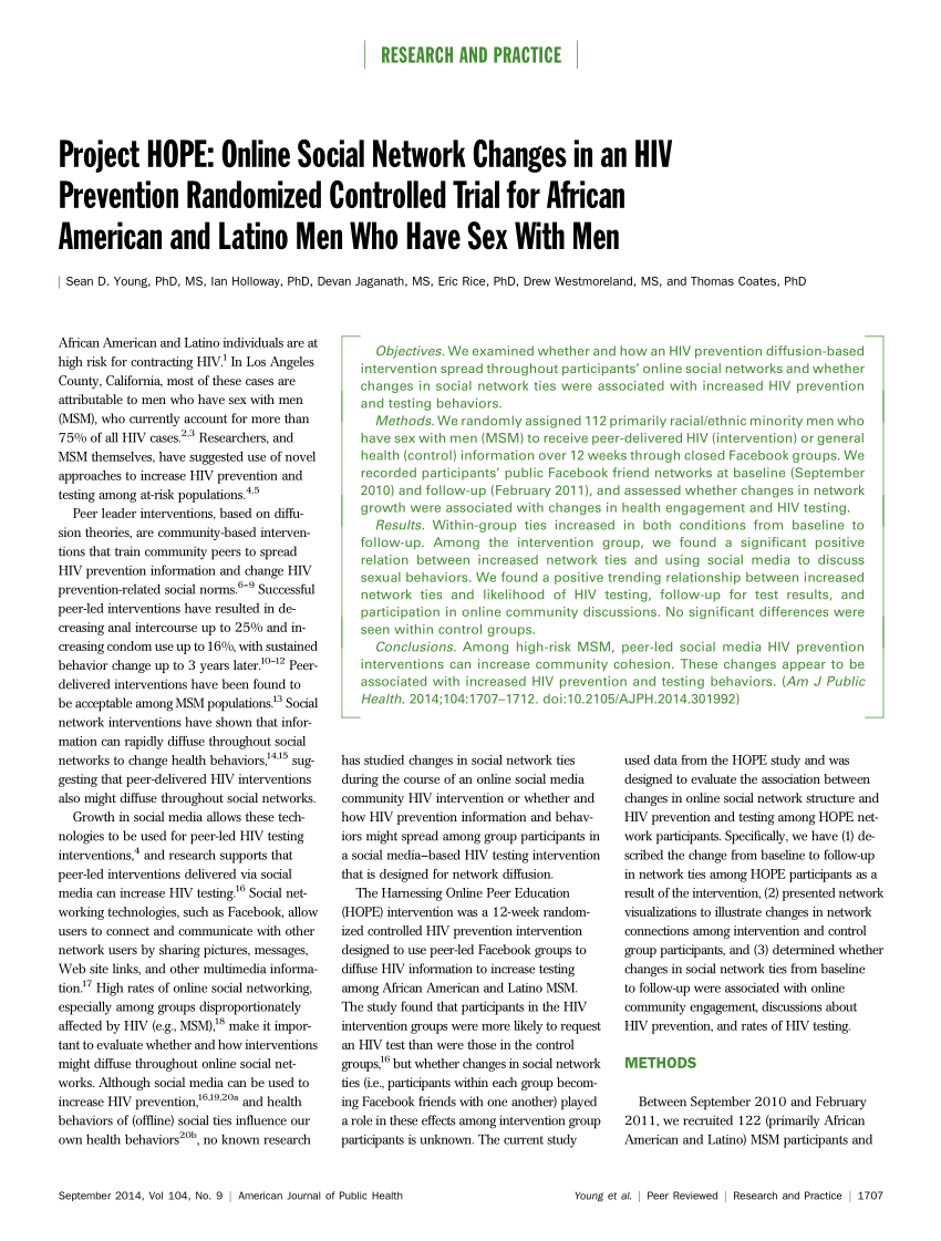 PDF) Project HOPE: Online Social Network Changes in an HIV Prevention  Randomized Controlled Trial for African American and Latino Men Who Have Sex  With Men