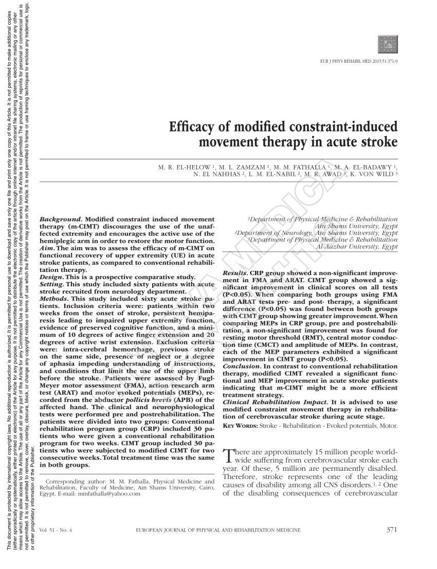 PDF) Efficacy of modified constraint-induced movement therapy in acute  stroke