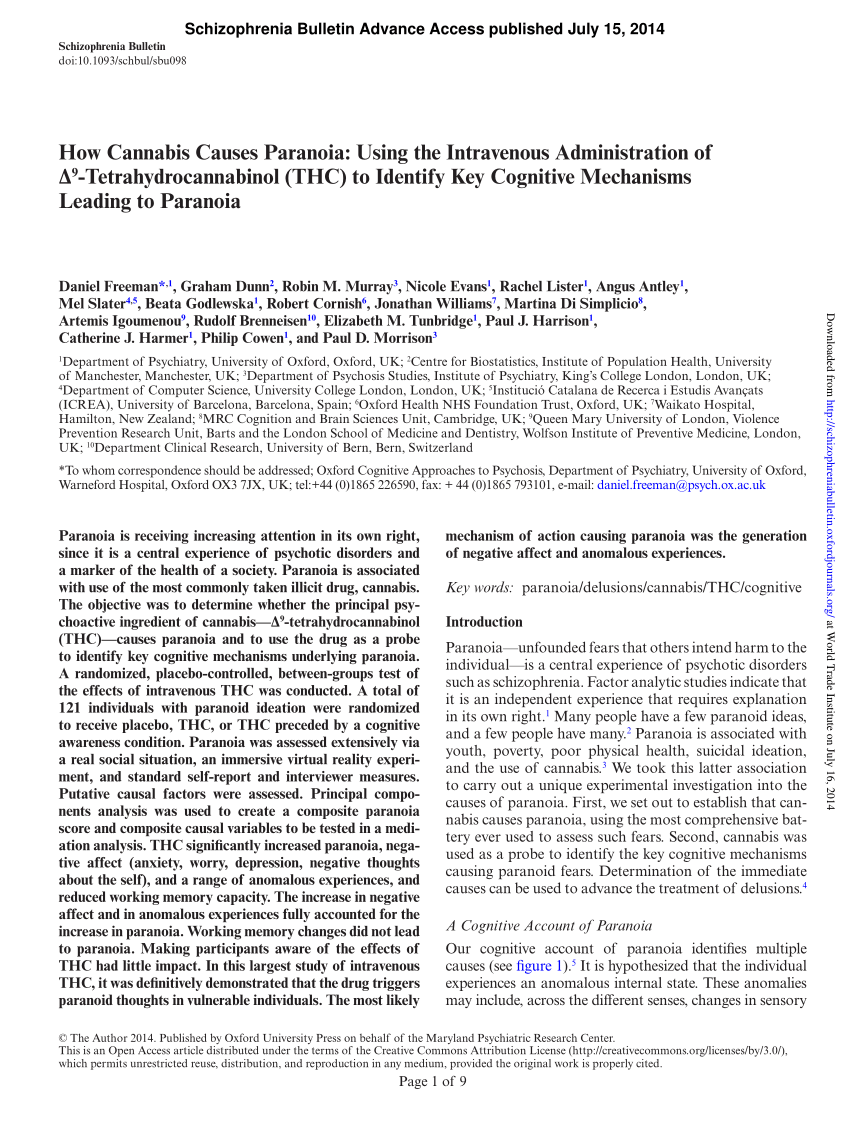 Pdf How Cannabis Causes Paranoia Using The Intravenous Administration Of D9 Tetrahydrocannabinol Thc To Identify Key Cognitive Mechanisms Leading To Paranoia