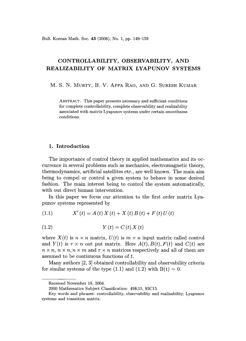 Pdf Controllability Observability And Realizability Of Matrix Lyapunov Systems