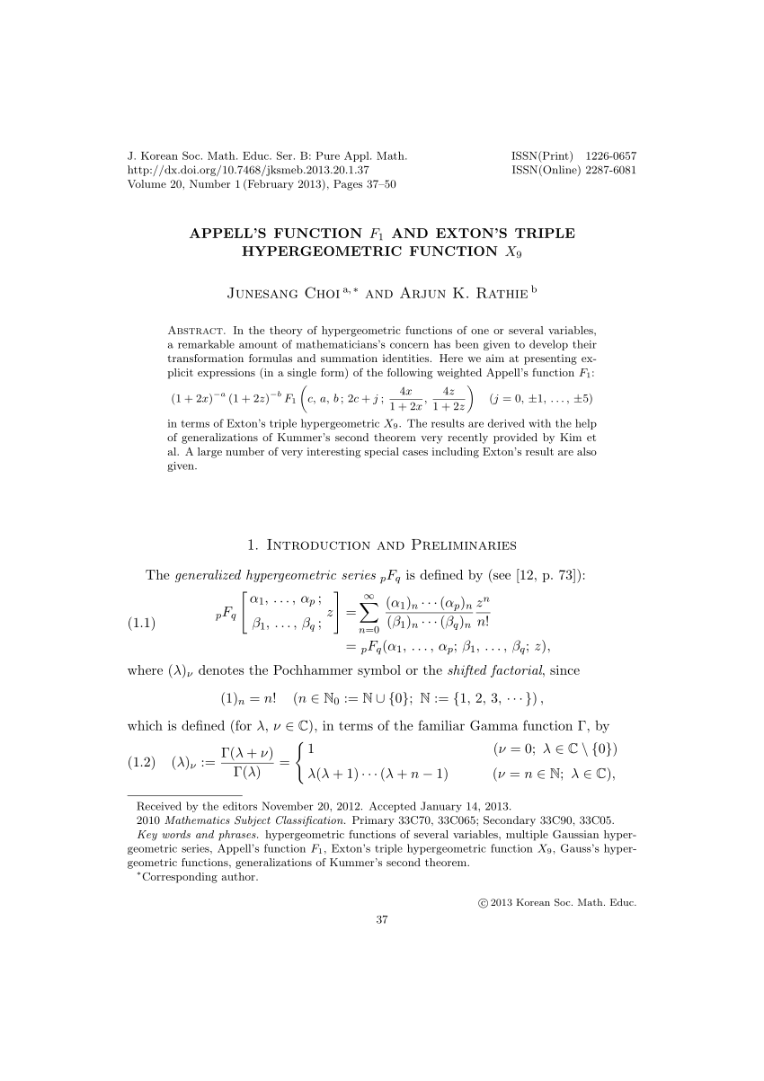 Pdf Appell S Function F1 And Exton S Triple Hypergeometric Function X9
