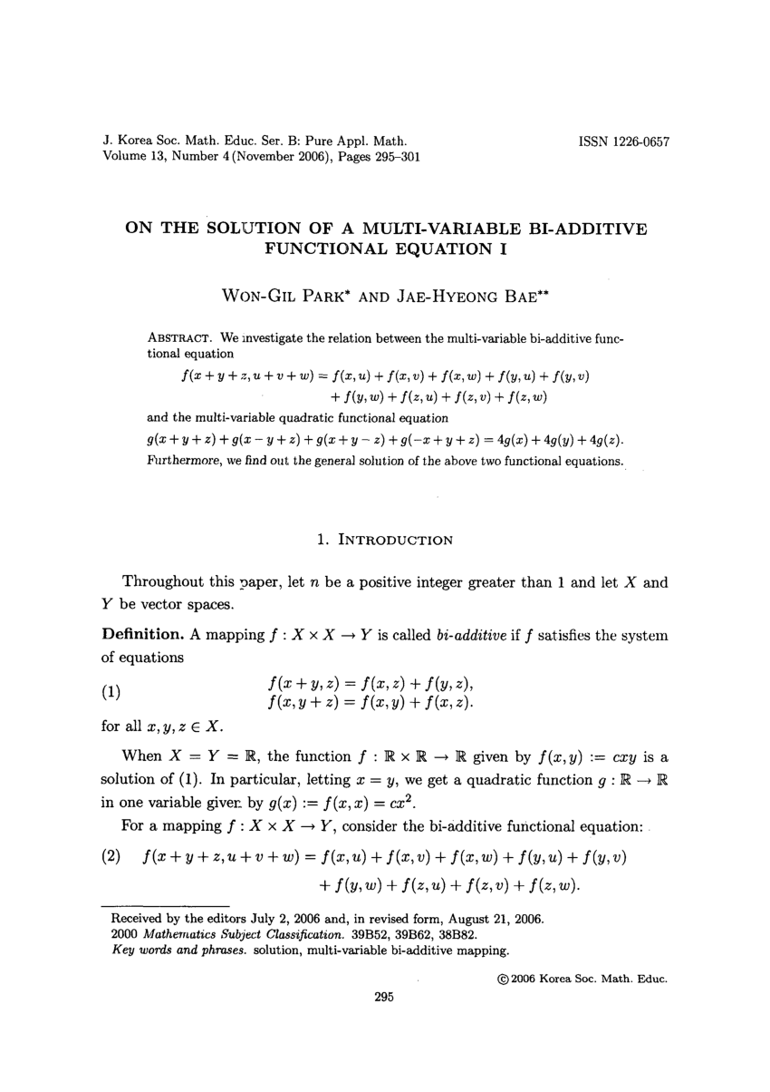 Pdf On The Solution Of A Multi Variable Bi Additive Functional Equation I