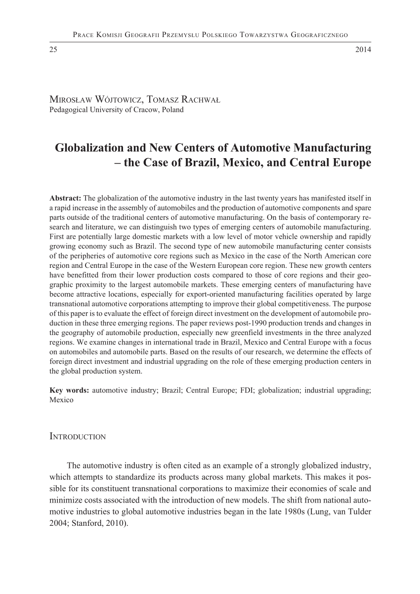 kasket Rengør rummet invadere PDF) Globalization and New Centers of Automotive Manufacturing – the Case  of Brazil, Mexico, and Central Europe