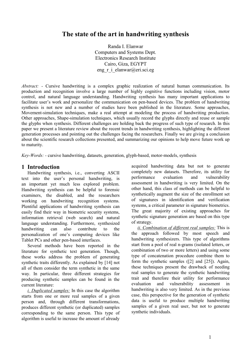 Pdf The State Of The Art In Handwriting Synthesis