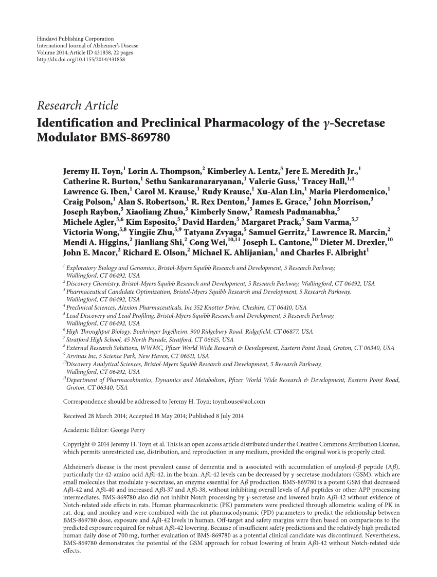 PDF) Identification and Preclinical Pharmacology of the γ -Secretase  Modulator BMS-869780