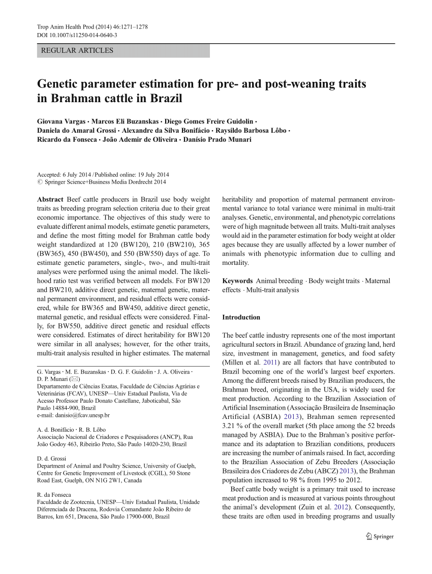 Pdf Genetic Parameter Estimation For Pre And Post Weaning Traits In Brahman Cattle In Brazil