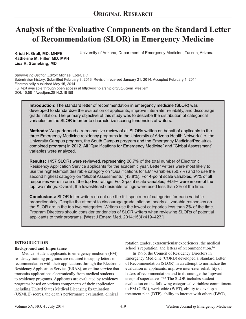 PDF) Analysis of the Evaluative Components on the Standard Letter of  Recommendation (SLOR) in Emergency Medicine