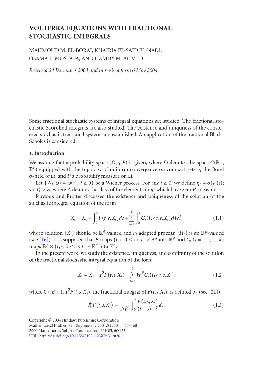 Pdf Volterra Equations With Fractional Stochastic Integrals