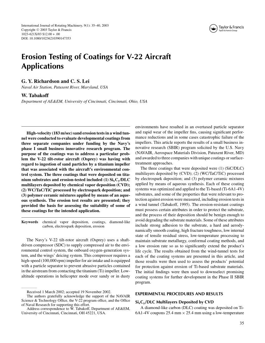 Pdf Erosion Testing Of Coatings For V 22 Aircraft Applications
