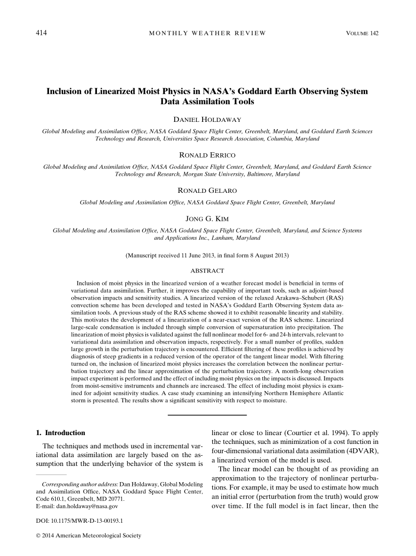 PDF) Inclusion of Linearized Moist Physics in NASA's Goddard Earth  Observing System Data Assimilation Tools