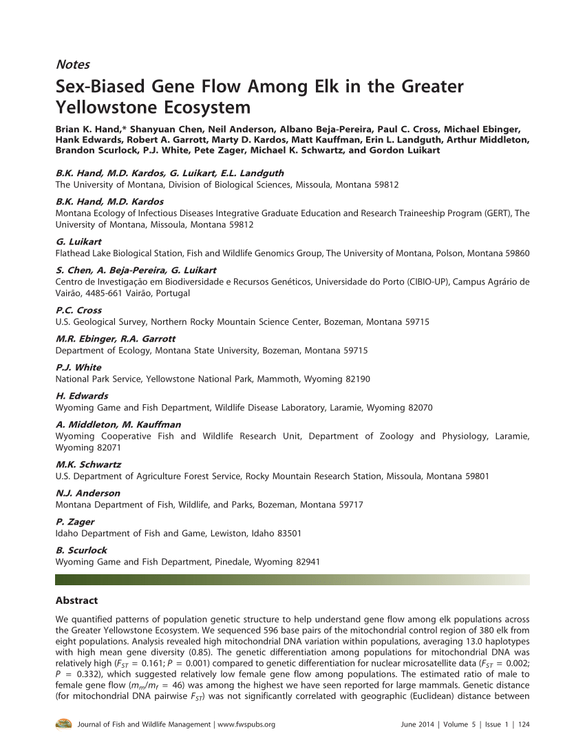 Pdf Sex Biased Gene Flow Among Elk In The Greater Yellowstone Ecosystem 1216