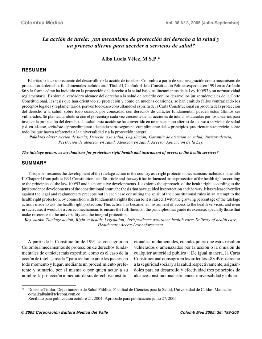 Pdf La Acción De Tutela ¿un Mecanismo De Protección Del Derecho A La Salud Y Un Proceso 9000