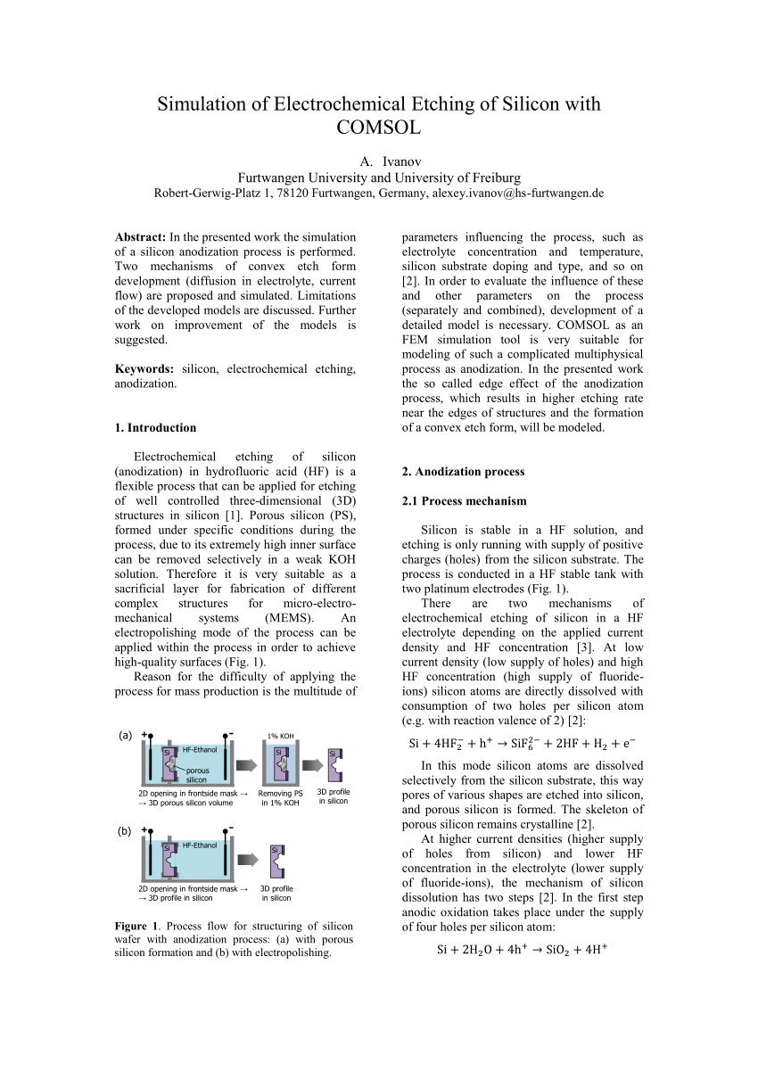 (PDF) Simulation of Electrochemical Etching of Silicon with COMSOL