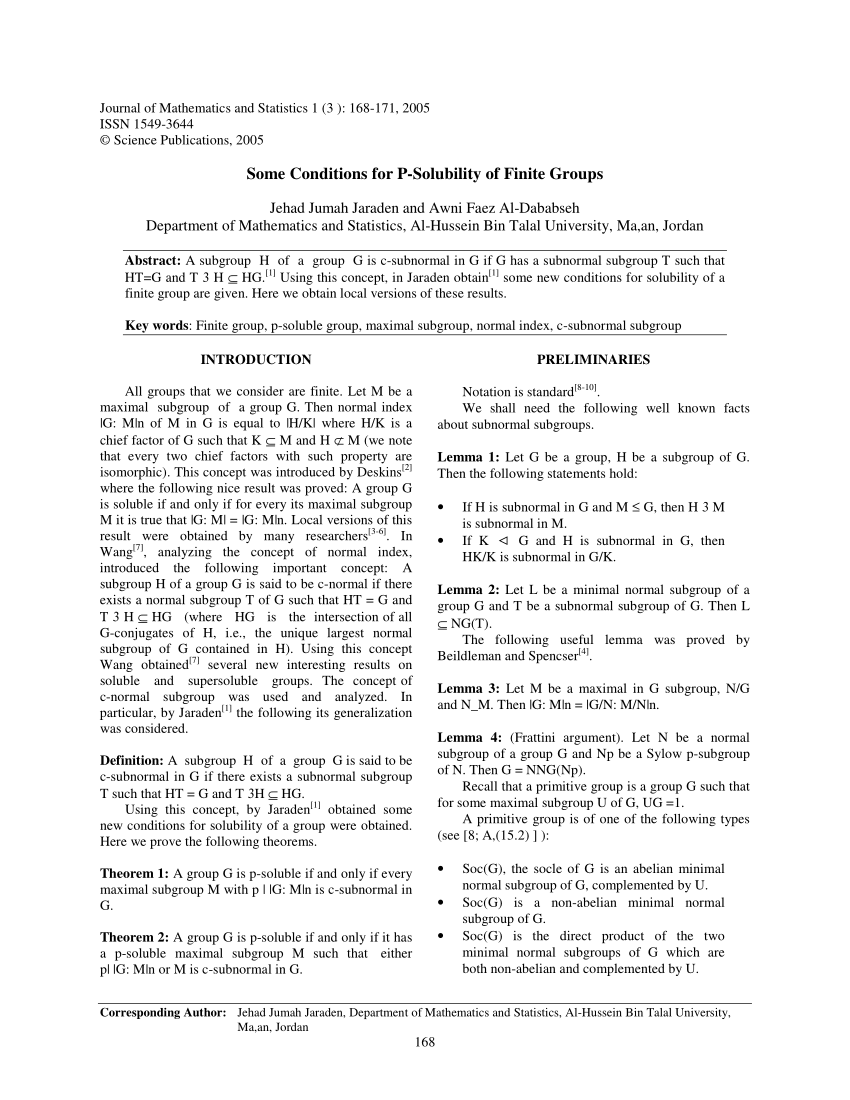 Pdf Some Conditions For P Solubility Of Finite Groups