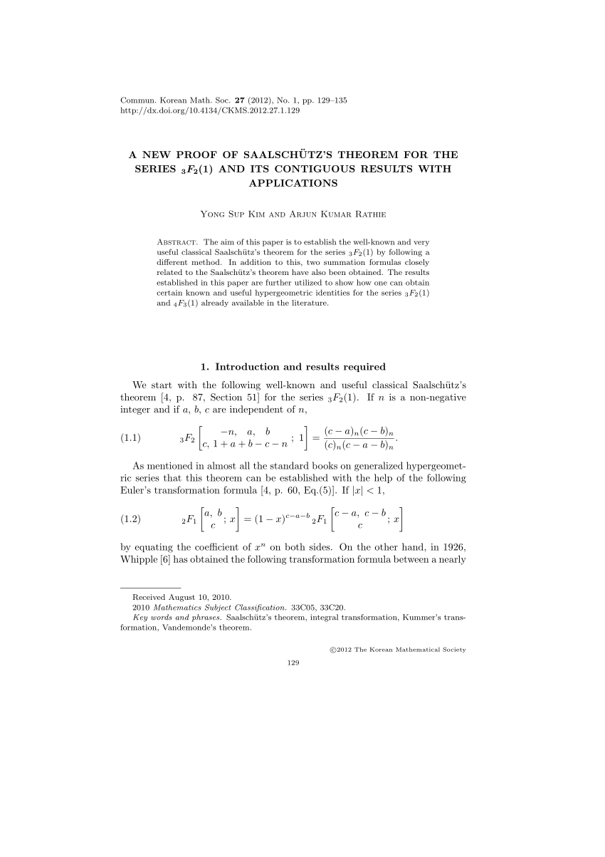 Pdf A New Proof Of Saalschutz S Theorem For The Series 3f 2 1 And Its Contiguous Results With Applications