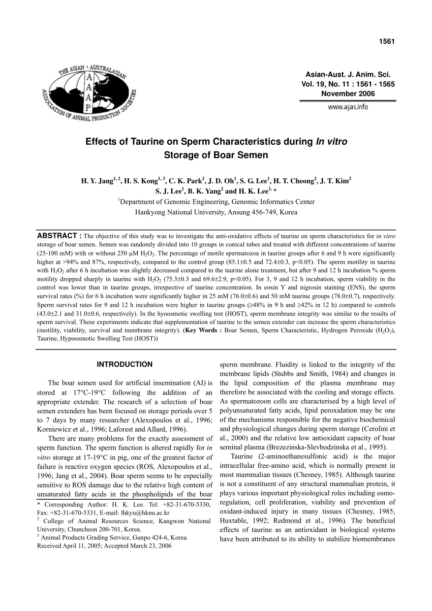 Pdf Effects Of Taurine On Sperm Characteristics During In Vitro Storage Of Boar Semen