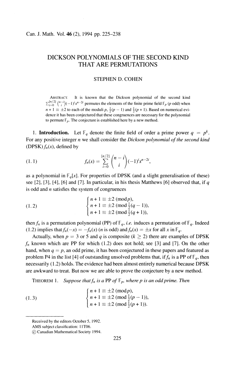 Pdf Dickson Polynomials Of The Second Kind That Are Permutations