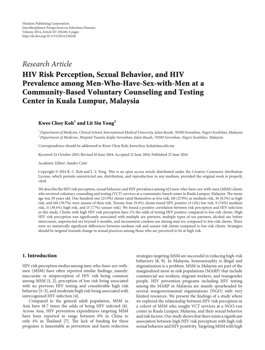 PDF) HIV Risk Perception, Sexual Behavior, and HIV Prevalence among  Men-Who-Have-Sex-with-Men at a Community-Based Voluntary Counseling and  Testing Center in Kuala Lumpur, Malaysia