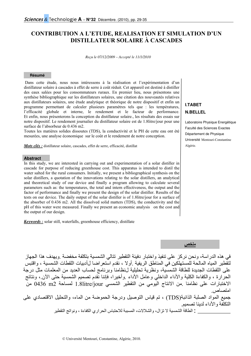 PDF) CONTRIBUTION A L'ETUDE, REALISATION ET SIMULATION D'UN DISTILLATEUR  SOLAIRE À CASCADES
