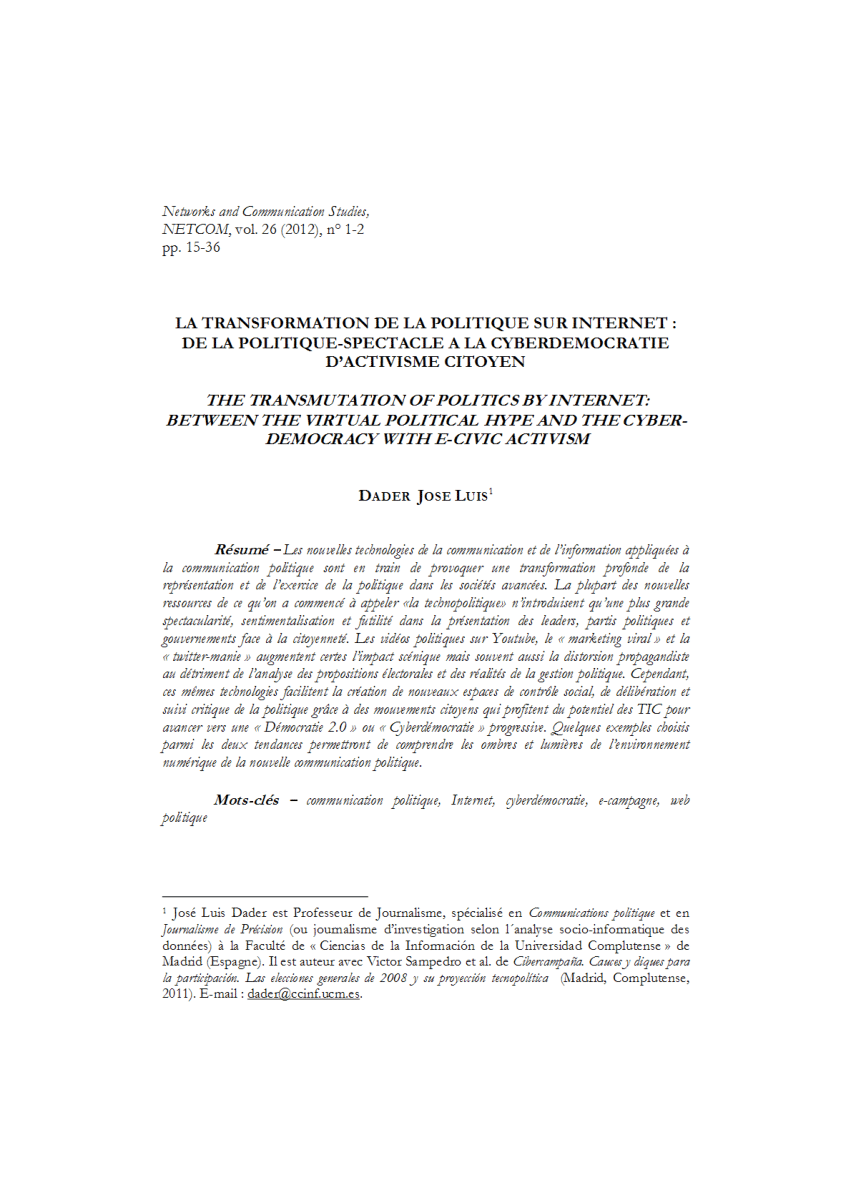 Pdf La Transformation De La Politique Sur Internet De La Politique Espectacle A La Cyberdemocratie D Activisme Citoyen Pp 15 36 Revue Netcom Networks And Communication Studies Vol 26 Nº 1 2 12