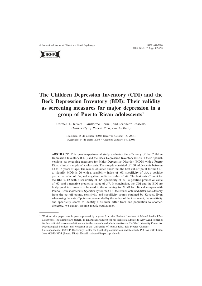 Pdf The Children Depression Inventory Cdi And The Beck Depression Inventory Bdi Their Validity As Screening Measures For Major Depression In A Group Of Puerto Rican Adolescents