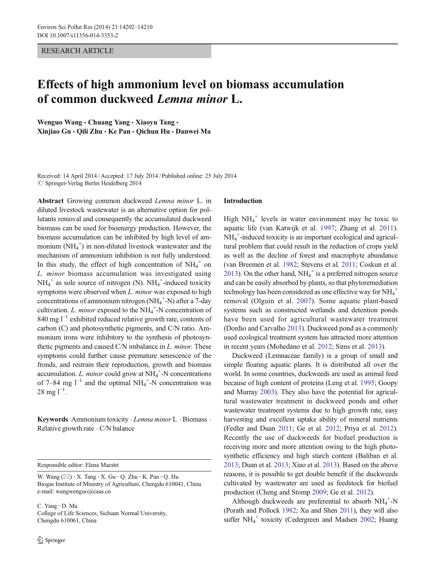 Pdf Effects Of High Ammonium Level On Biomass Accumulation Of Common Duckweed Lemna Minor L