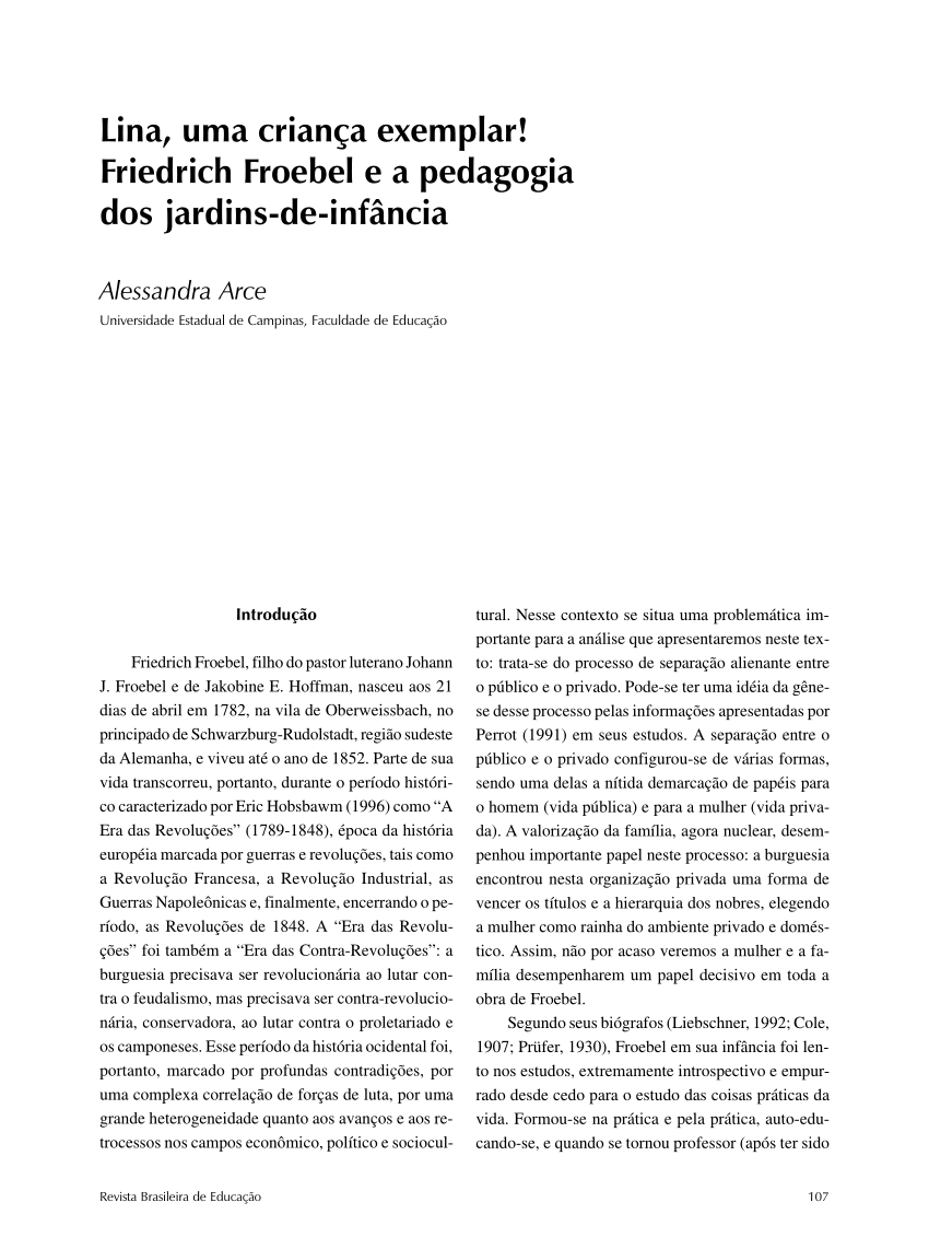 Pdf Lina Uma Crianca Exemplar Friedrich Froebel E A Pedagogia Dos Jardins De Infancia