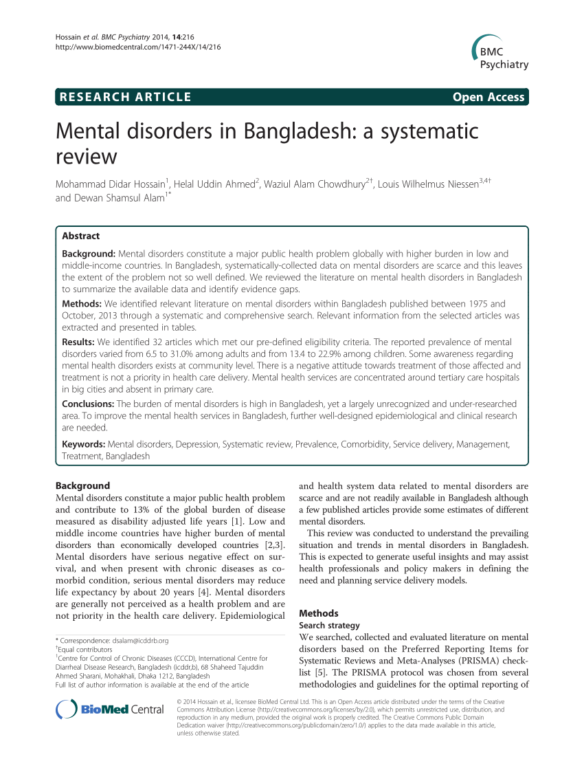 pdf) mental disorders in bangladesh: a systematic review