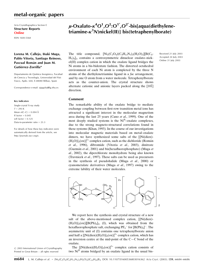 Pdf M Oxalato K4o1 O2 O1 O2 Bis Aqua Diethylenetriamine K3n Nickel Ii Bis Tetraphenylborate